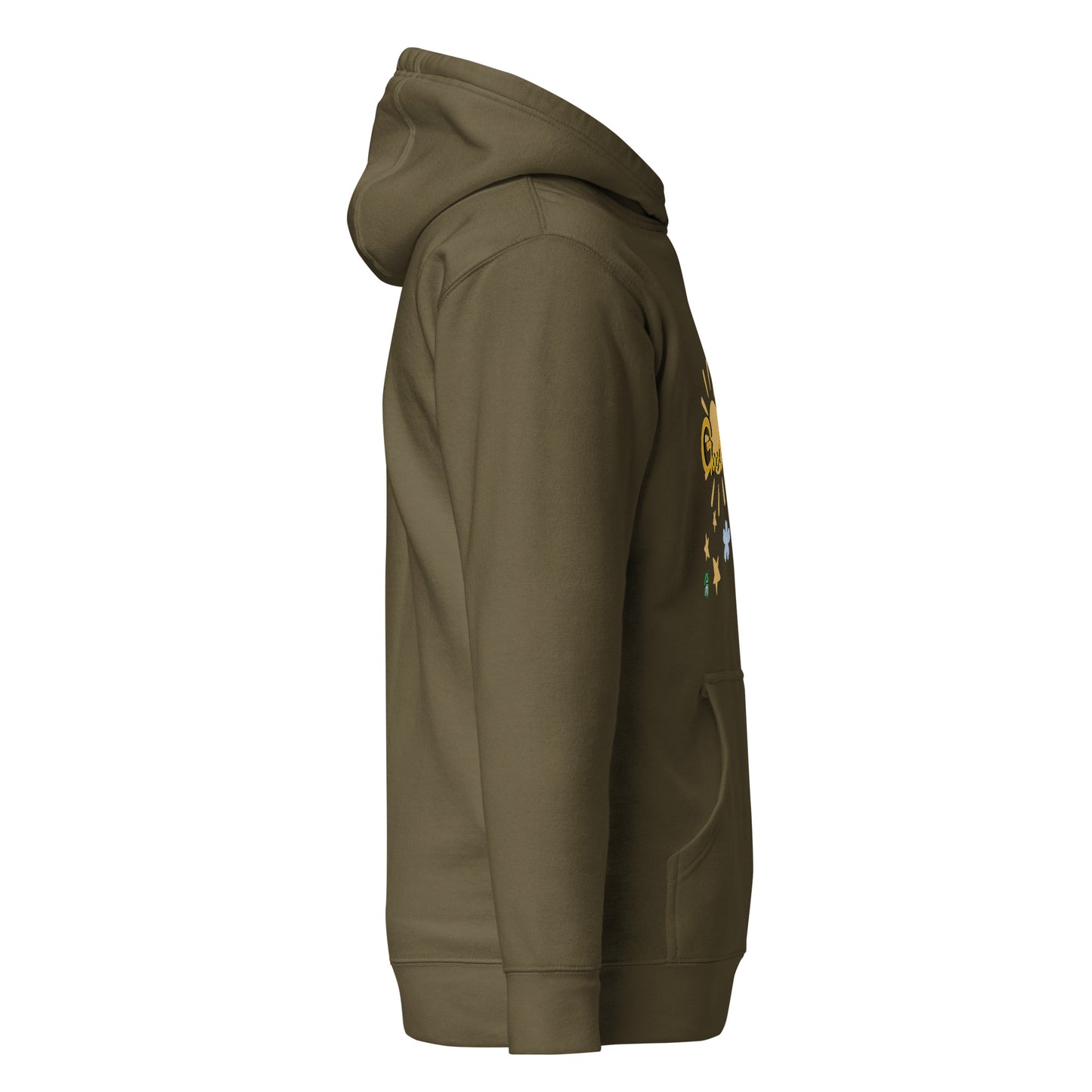 Side view of a men's military green hoodie by Wizard Prints Shop