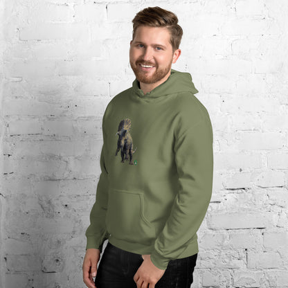 A man standing wearing a military green hoodie with a printed graphic of a life like dinosaur. Designed by Wizard Prints.