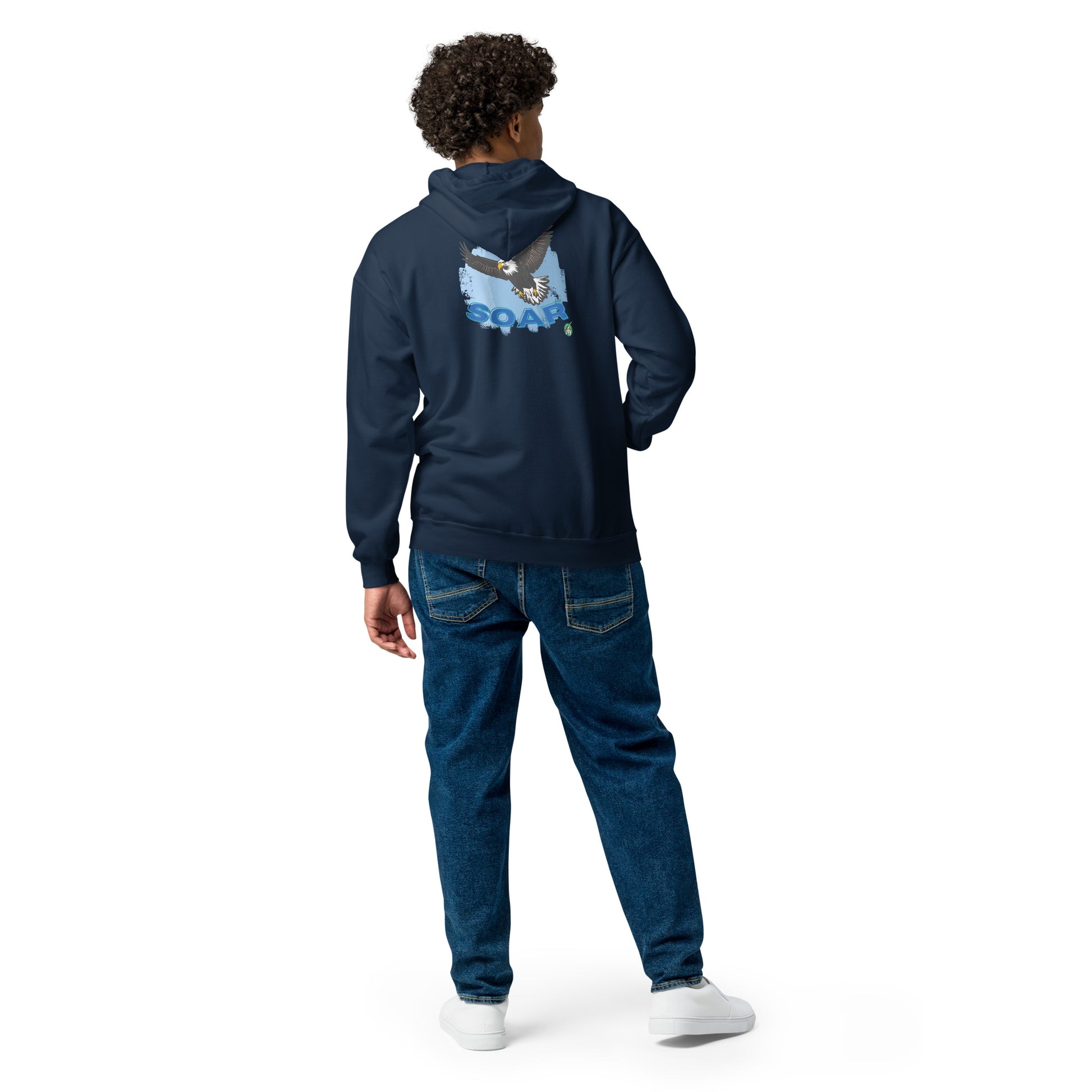 A man standing wearing a navy inspirational Zip-Through Hoodie with an eagle soaring graphic on the back by Wizard Prints