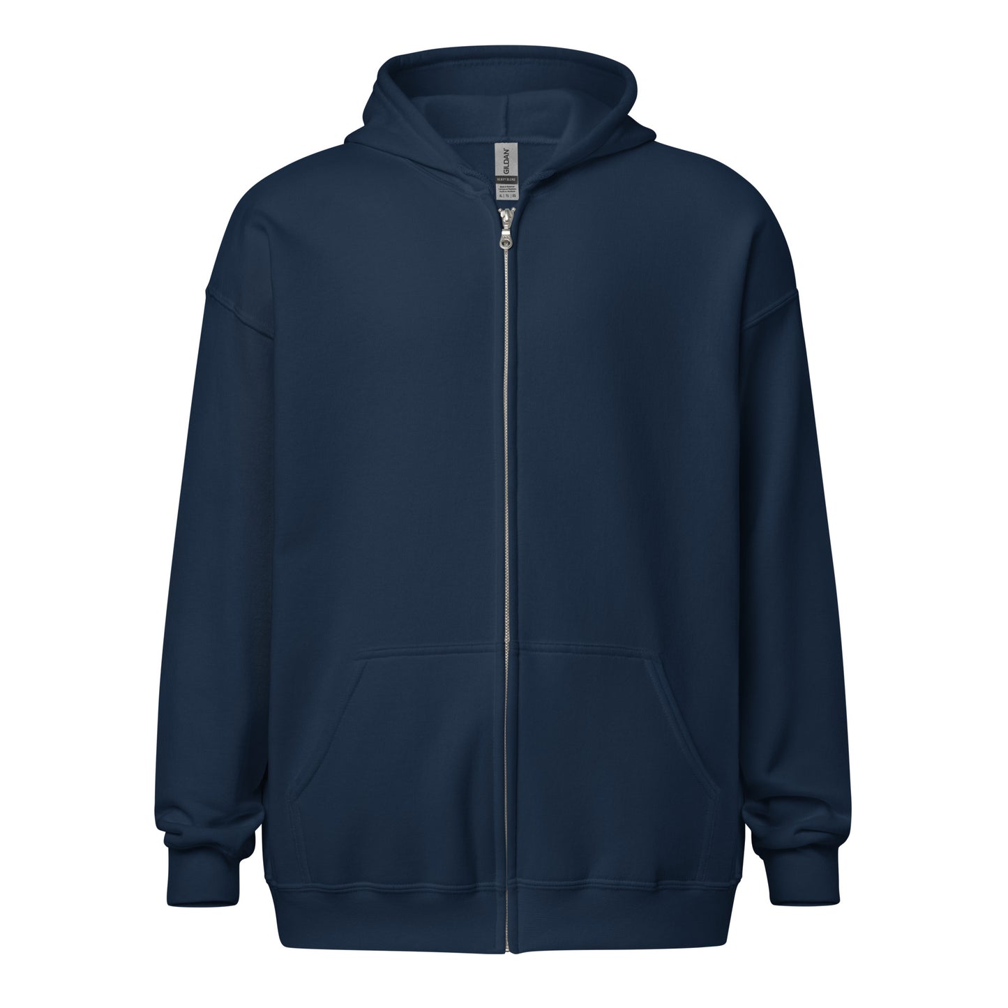 Front view of a men's navy zip through hoodie by Wizard Prints Shop