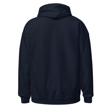 Back view of a men's navy blue hoodie by Wizard Prints Shop.
