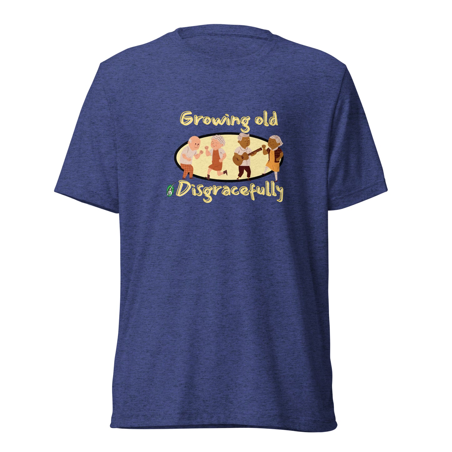 Men's navy t-shirt by Wizard Prints featuring a printed graphic of a group of old people dancing and the words, Growing Old Disgracefully.