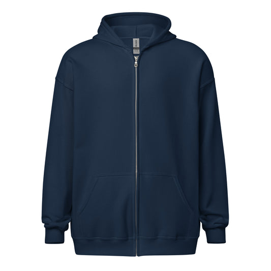 Front view of a men's navy zip through hoodie by Wizard Prints Shop