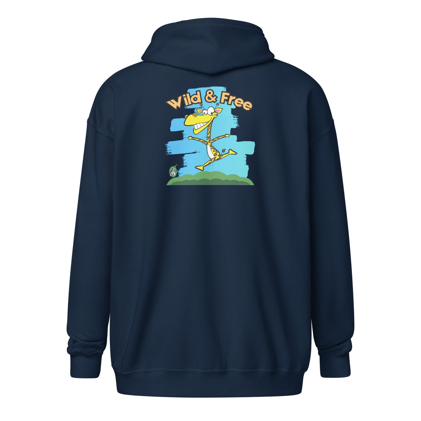 Men's navy funny zip-through hoodie with a graphic on the back of a giraffe running with the words, 'wild and free'  by Wizard Prints
