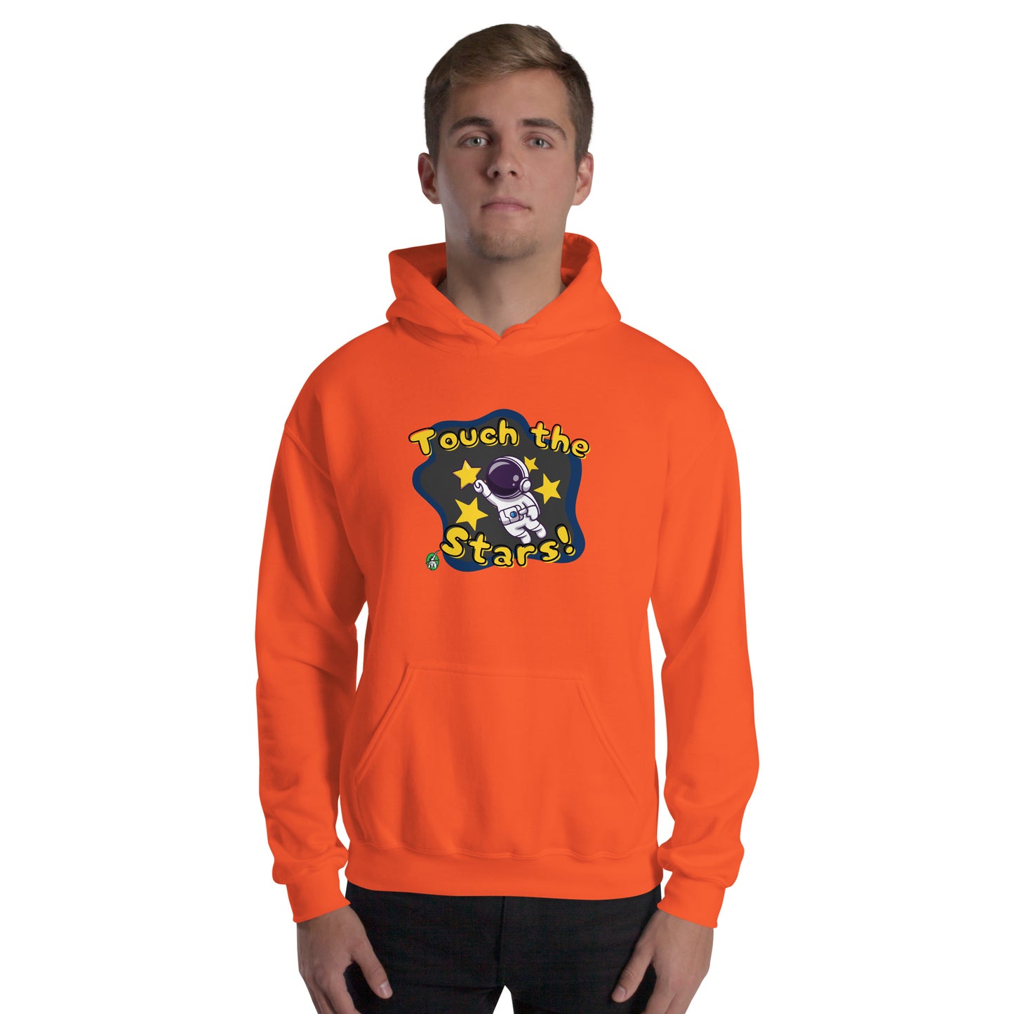 A man standing wearing an orange hoodie with a printed graphic of a cartoon astronaut and the words, Touch the Stars. Designed by Wizard Prints.