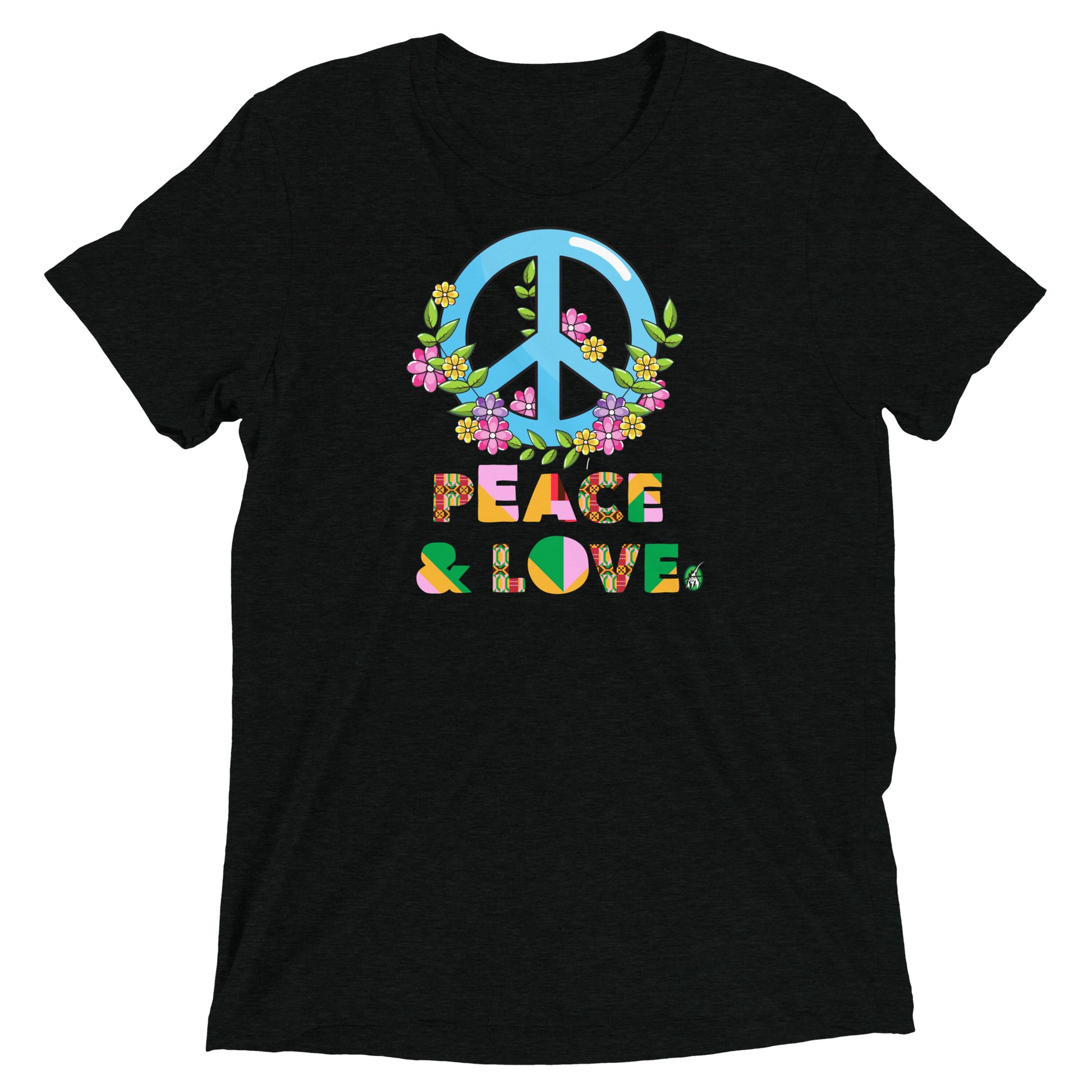 Men's festival graphic t-shirt in black from Wizard Prints Shop with the slogan, Peace & Love and the image of a colourful peace sign