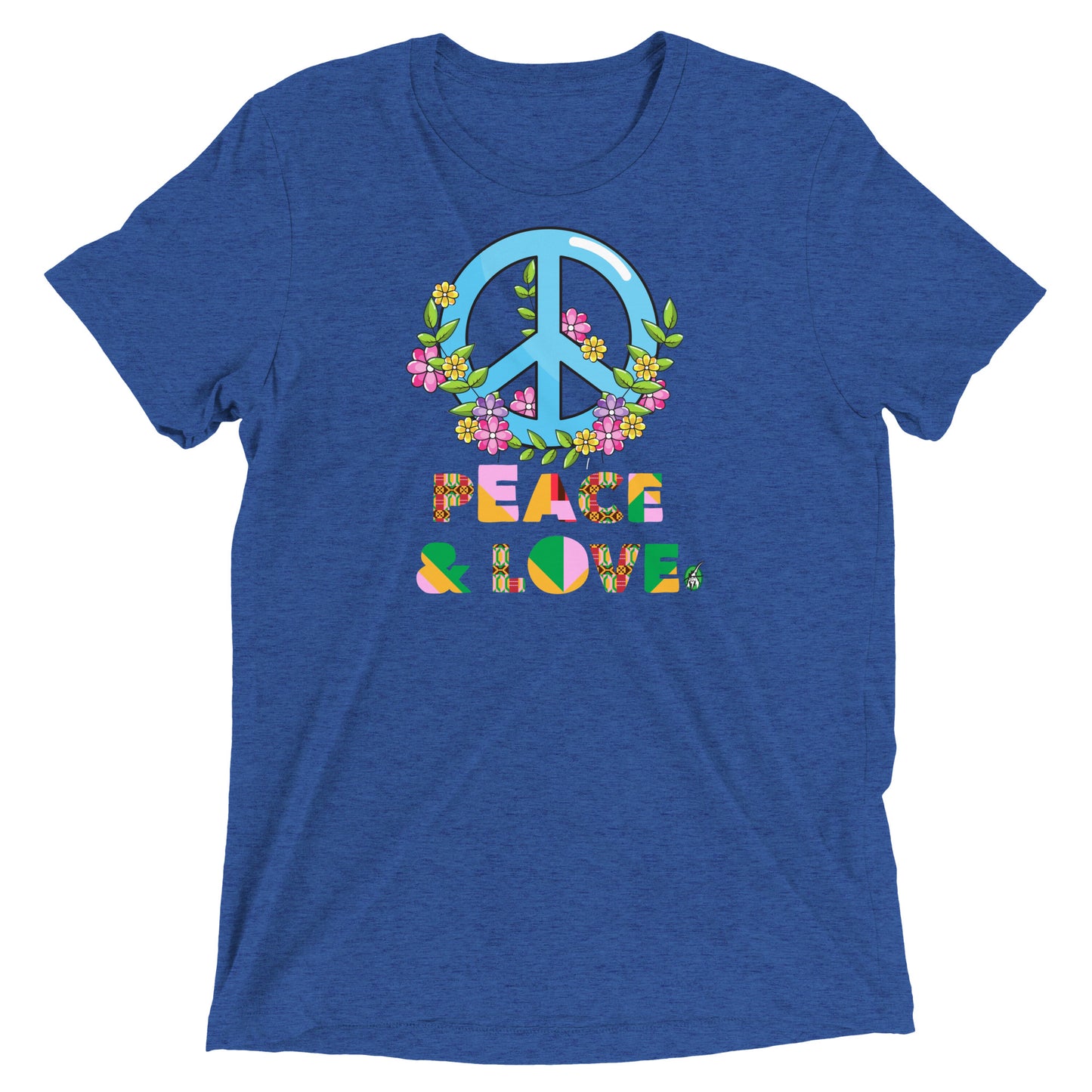 Men's festival graphic t-shirt in blue from Wizard Prints Shop with the slogan, Peace & Love and the image of a colourful peace sign