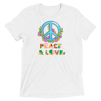 Men's festival graphic t-shirt in white from Wizard Prints Shop with the slogan, Peace & Love and the image of a colourful peace sign
