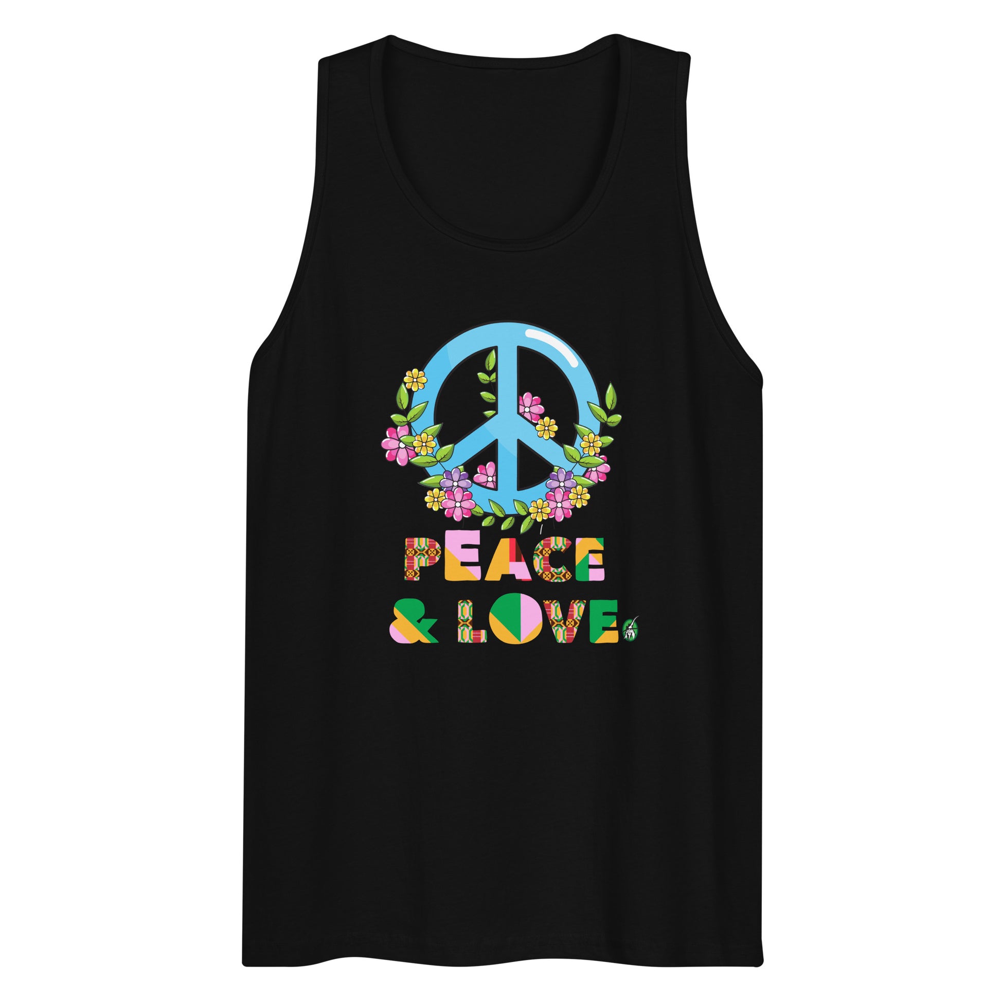 Men's festival graphic tank top in black from Wizard Prints Shop with the slogan, Peace & Love and the image of a colourful peace sign