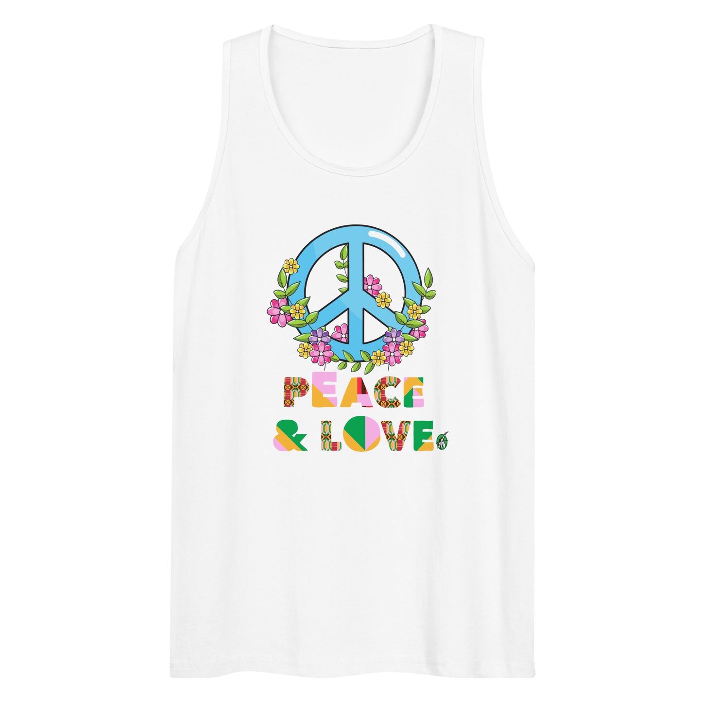 Men's festival graphic tank top in white from Wizard Prints Shop with the slogan, Peace & Love and the image of a colourful peace sign