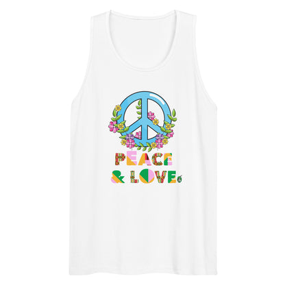 Men's festival graphic tank top in white from Wizard Prints Shop with the slogan, Peace & Love and the image of a colourful peace sign