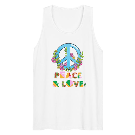 Men's festival graphic tank top in white from Wizard Prints Shop with the slogan, Peace & Love and the image of a colourful peace sign