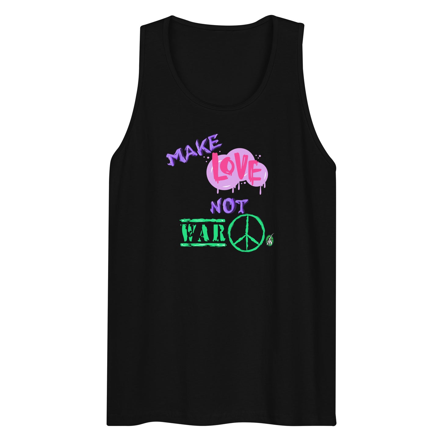 Men's festival graphic tank top in black from Wizard Prints Shop with the slogan, Make Love Not War