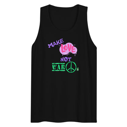 Men's festival graphic tank top in black from Wizard Prints Shop with the slogan, Make Love Not War