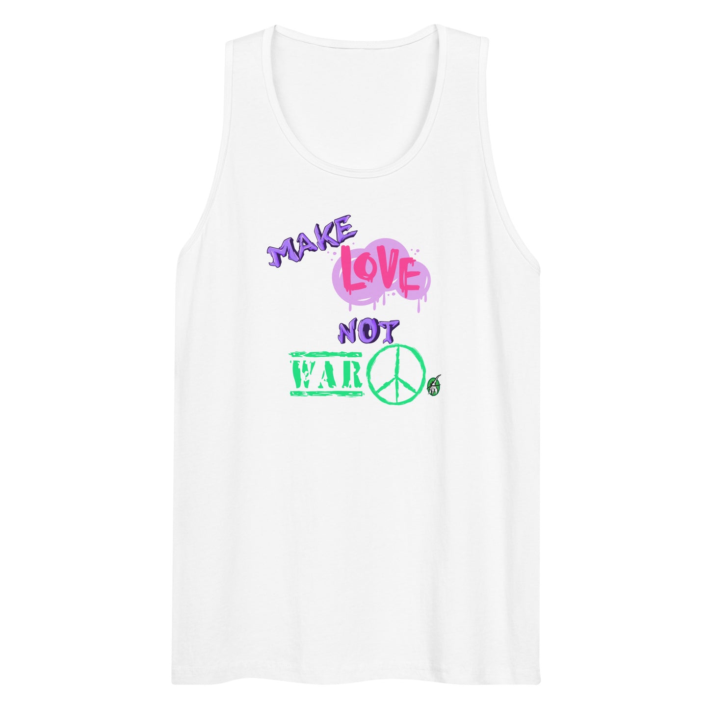 Men's festival graphic tank top in white from Wizard Prints Shop with the slogan, Make Love Not War