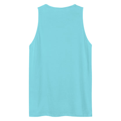 The back view of a men's festival graphic tank top in blue from Wizard Prints Shop