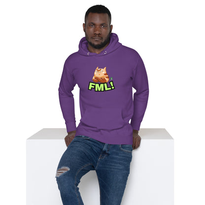 A man standing wearing a purple hoodie with a printed graphic of a cat with the words, 'FML!'. Designed by Wizard Prints