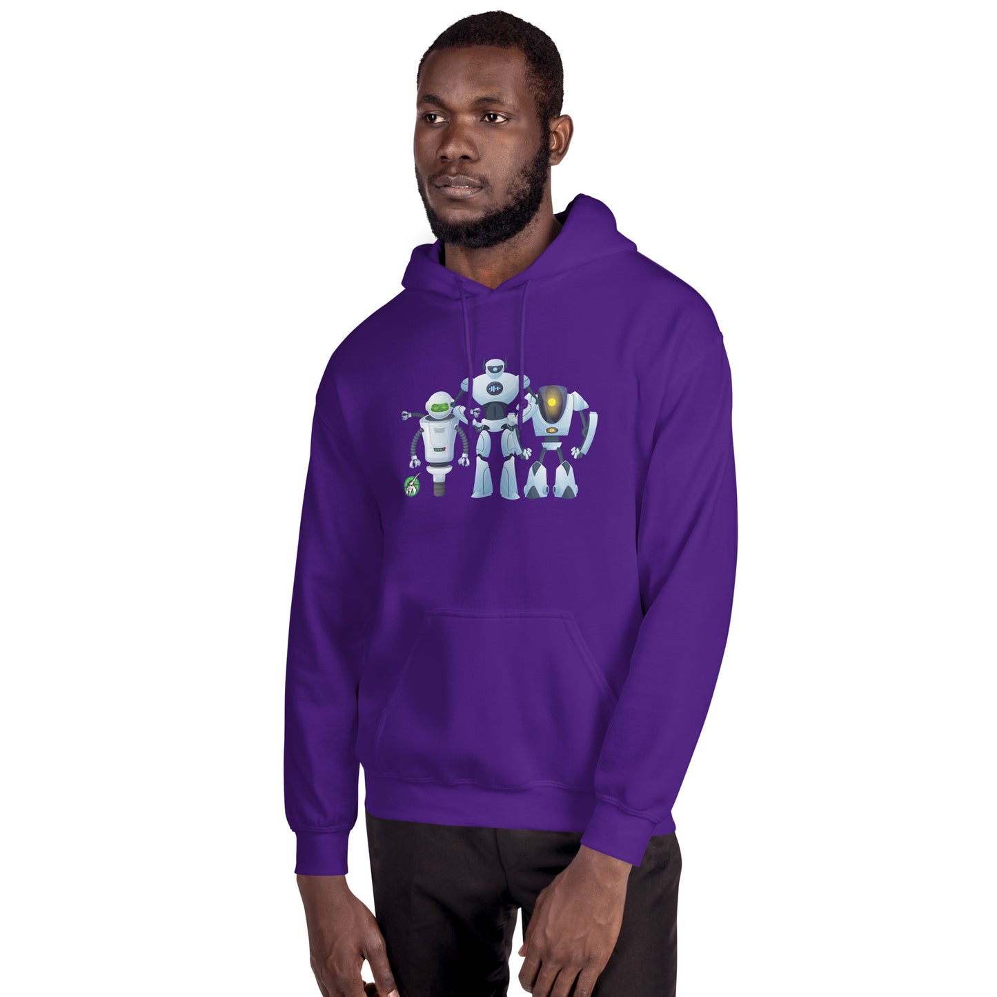 A man standing wearing a purple hoodie with a printed graphic of three cartoon robots, designed by Wizard Prints