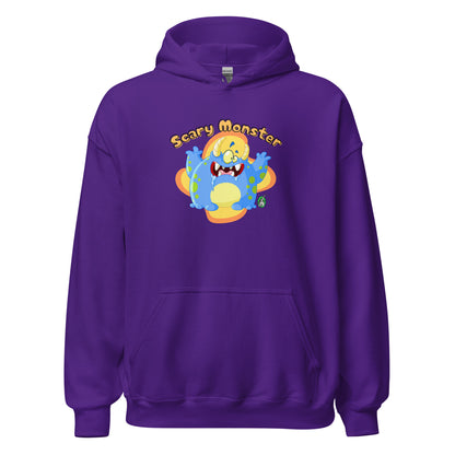 Men's purple hoodie with a printed graphic of a cartoon monster and the words, Scary Monster. Designed by Wizard Prints.