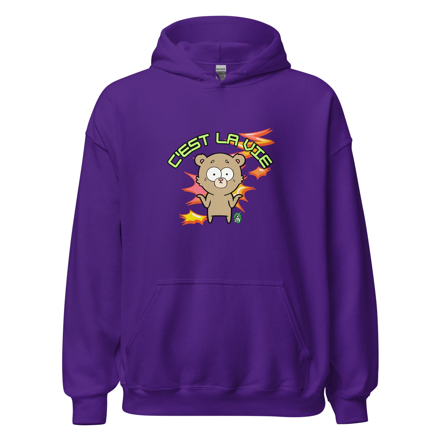 Men's purple hoodie by Wizard Prints featuring a printed graphic of a shrugging cartoon bear and the words, C'est La Vie.
