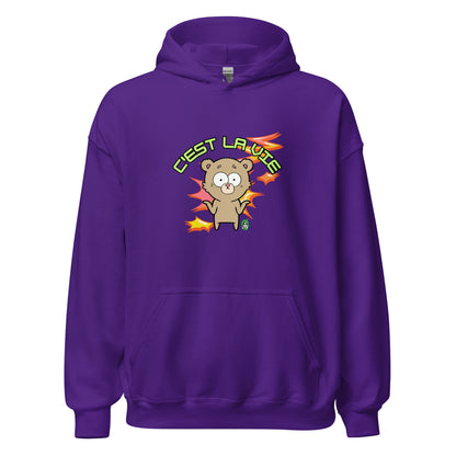 Men's purple hoodie by Wizard Prints featuring a printed graphic of a shrugging cartoon bear and the words, C'est La Vie.
