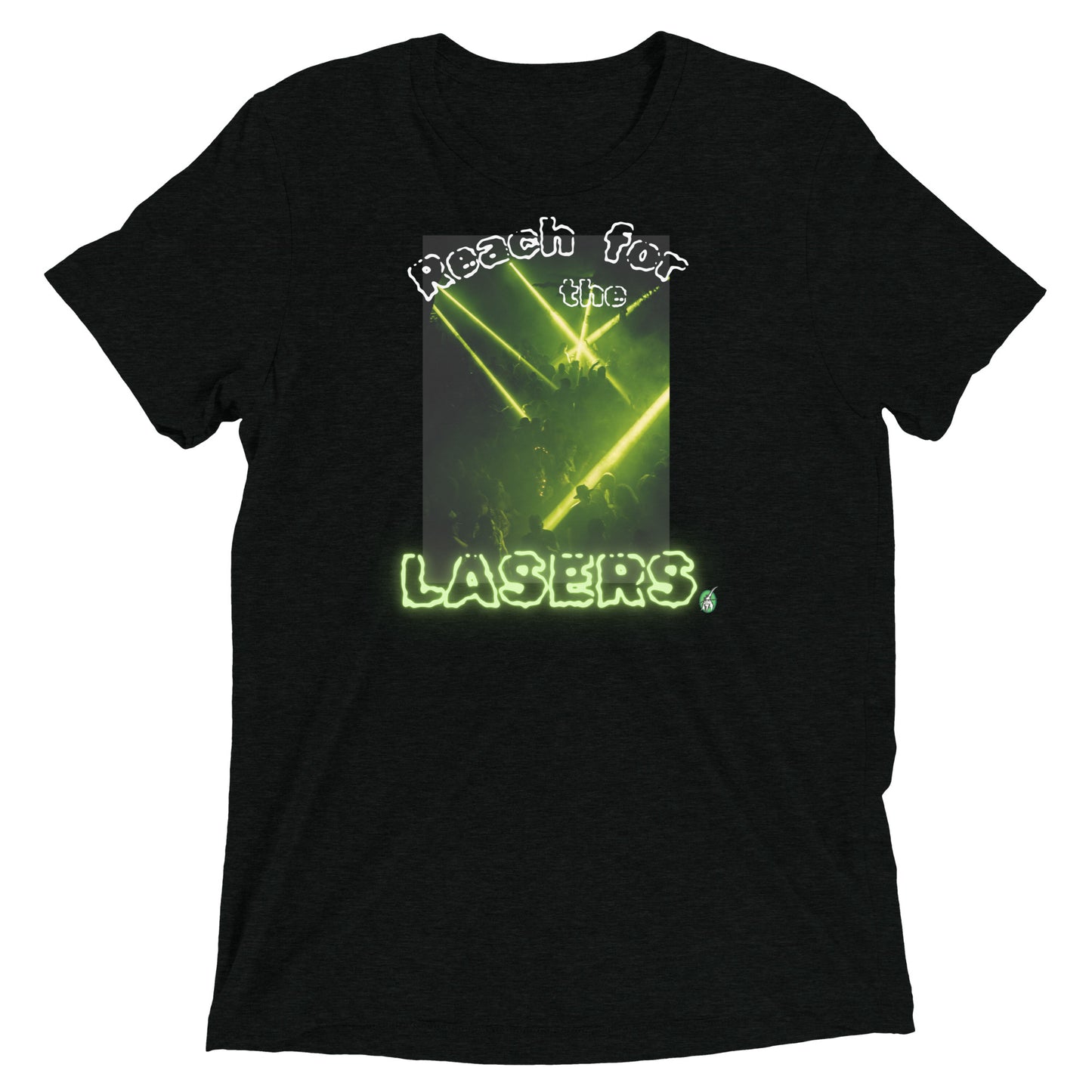 Men's festival graphic t-shirt in black from Wizard Prints Shop with the slogan, Reach for the Lasers and the image of a people dancing with a laser show