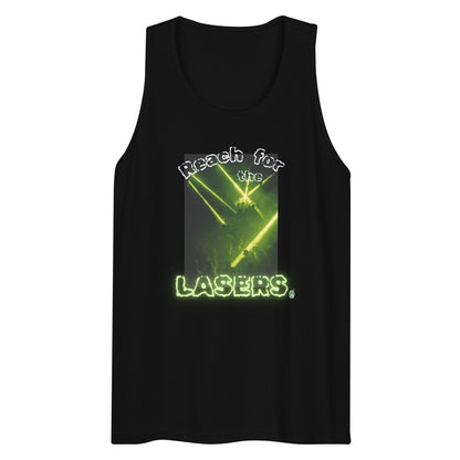 Men's festival graphic tank top in black from Wizard Prints Shop with the slogan, Reach for the Lasers and the image of a people dancing with a laser show