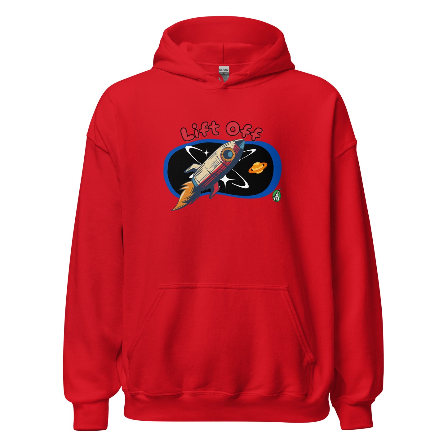 Men's red hoodie with a printed graphic of a rocket and the words, Lift Off. Designed by Wizard Prints.