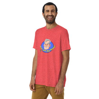 A man standing wearing a red tee shirt with a printed graphic of an old man's grumpy face with the words, Get Off My Lawn. Designed by Wizard Prints
