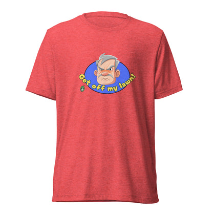 Men's red t-shirt by Wizard Prints featuring a printed graphic of an old man's grumpy face with the words, Get Off My Lawn. 