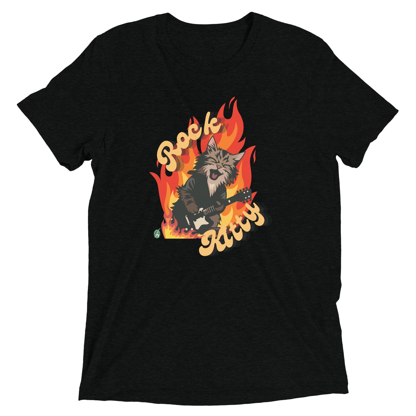 Men's festival graphic t-shirt in black from Wizard Prints Shop with the slogan, Rock Kitty and image of a kitten playing guitar