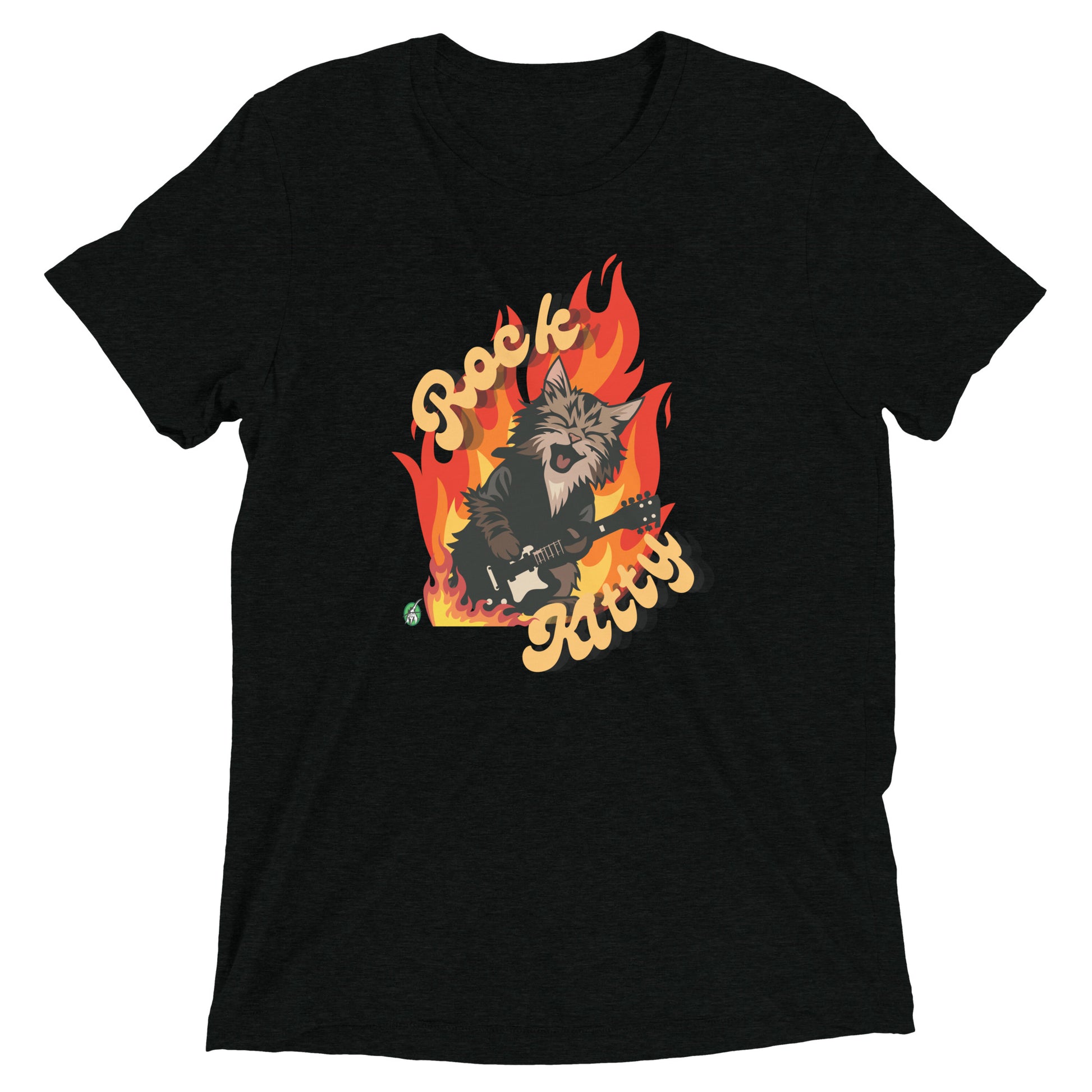 Men's festival graphic t-shirt in black from Wizard Prints Shop with the slogan, Rock Kitty and image of a kitten playing guitar