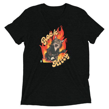 Men's festival graphic t-shirt in black from Wizard Prints Shop with the slogan, Rock Kitty and image of a kitten playing guitar