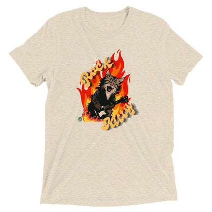 Men's festival graphic t-shirt in cream from Wizard Prints Shop with the slogan, Rock Kitty and image of a kitten playing guitar