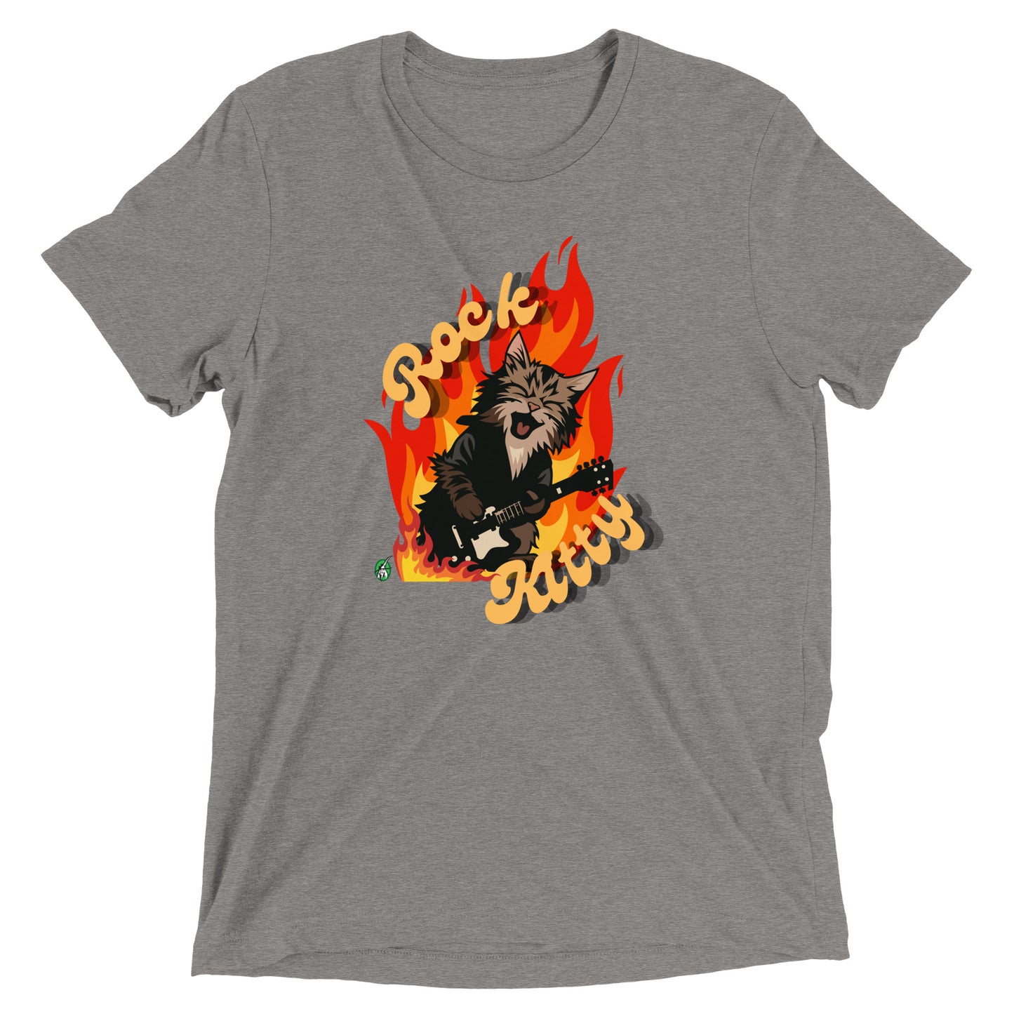 Men's festival graphic t-shirt in grey from Wizard Prints Shop with the slogan, Rock Kitty and image of a kitten playing guitar