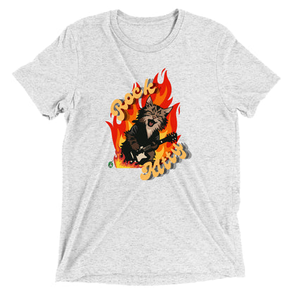Men's festival graphic t-shirt in white from Wizard Prints Shop with the slogan, Rock Kitty and image of a kitten playing guitar