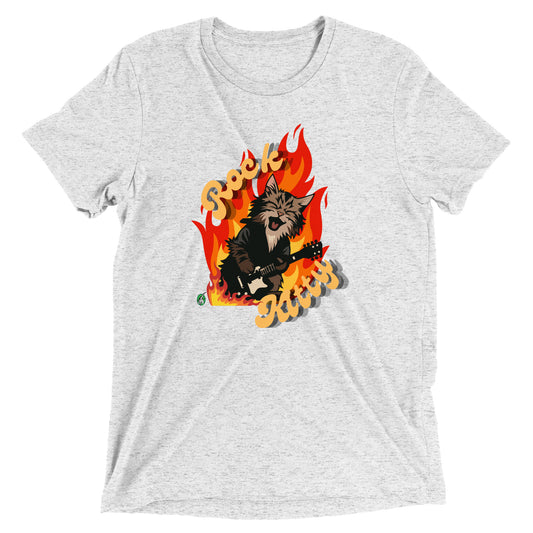 Men's festival graphic t-shirt in white from Wizard Prints Shop with the slogan, Rock Kitty and image of a kitten playing guitar