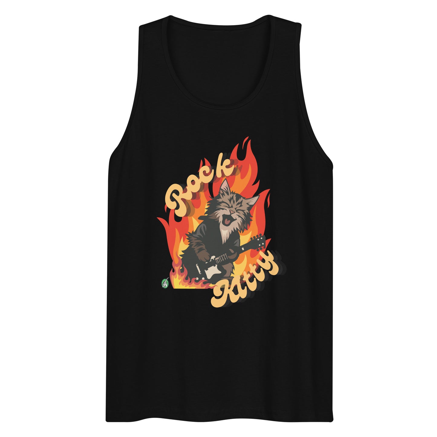 Men's festival graphic tank top in black from Wizard Prints Shop with the slogan, Rock Kitty and image of a kitten playing guitar