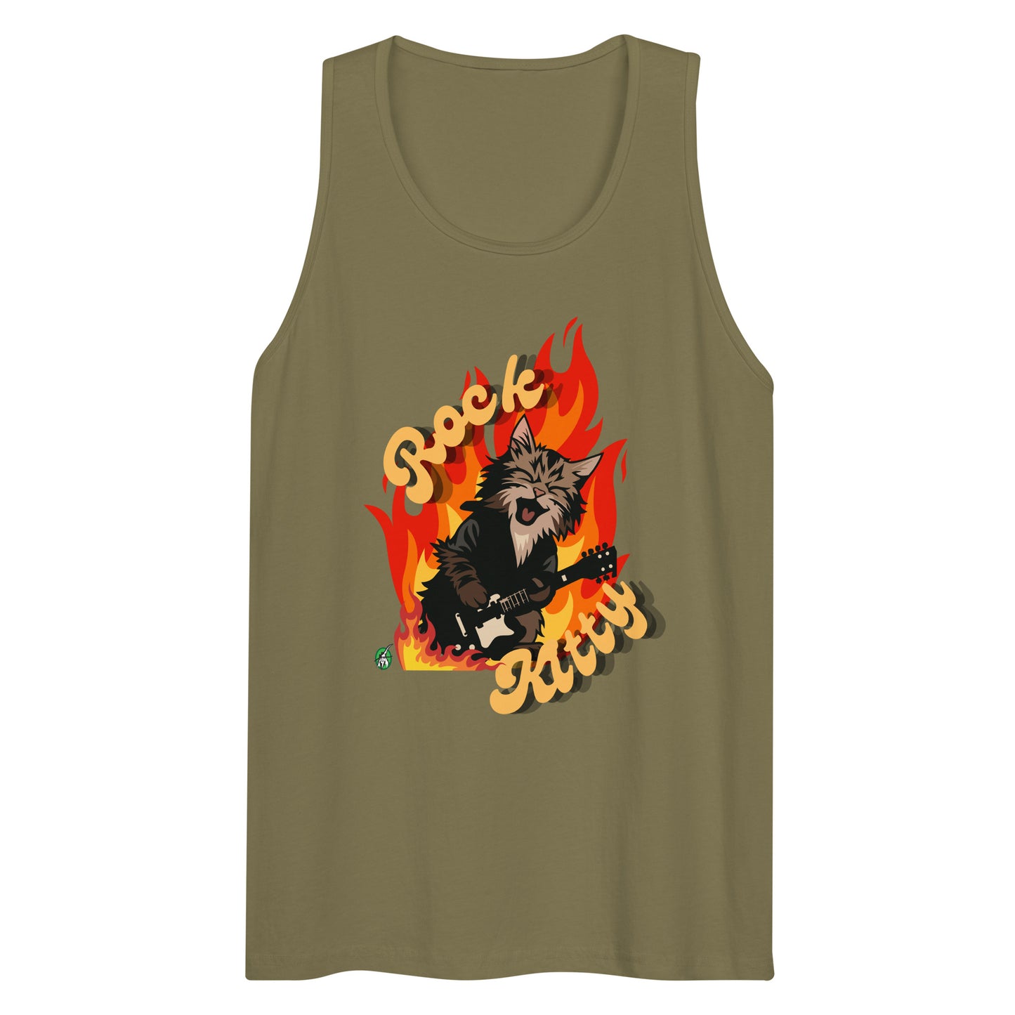 Men's festival graphic tank top in green from Wizard Prints Shop with the slogan, Rock Kitty and image of a kitten playing guitar