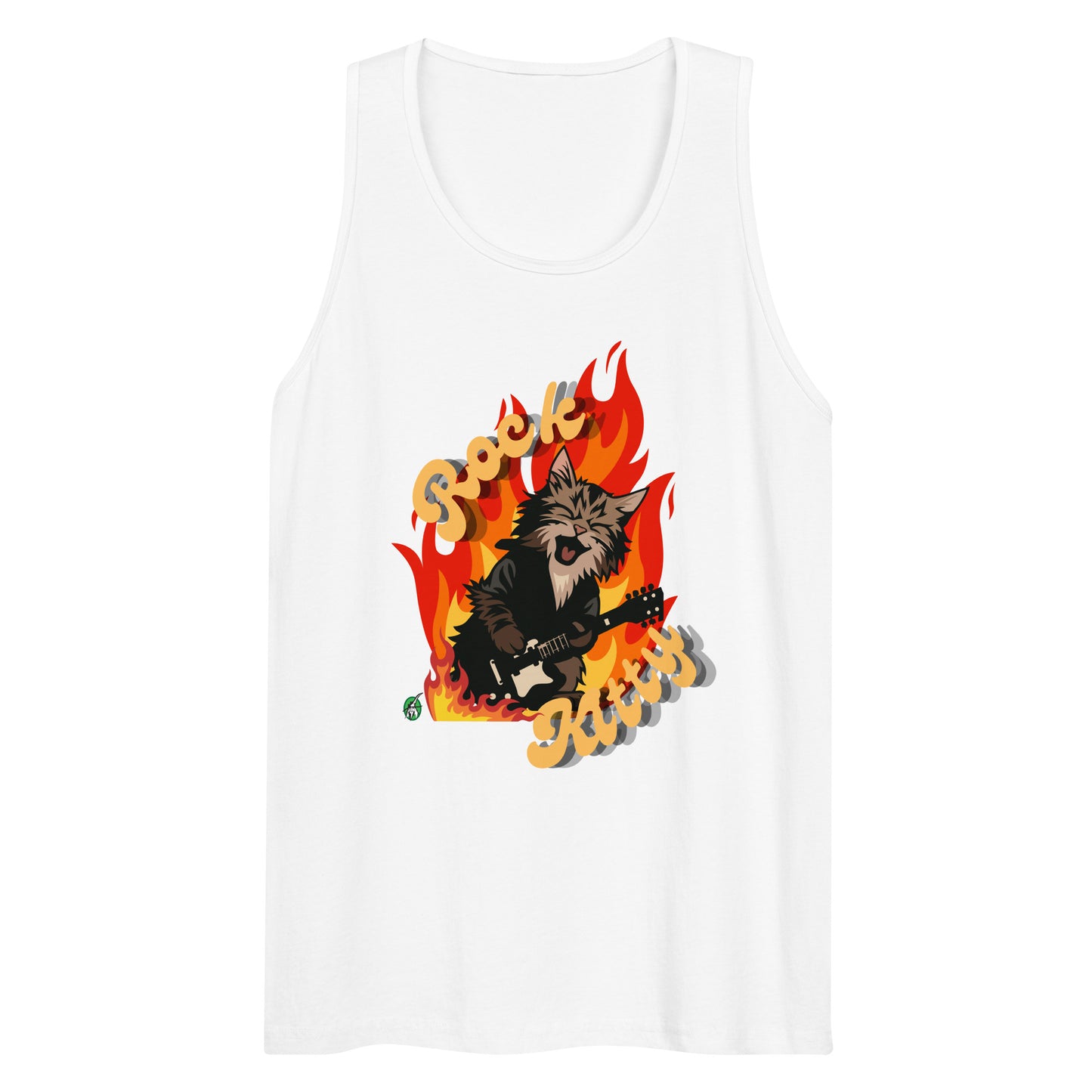 Men's festival graphic tank top in white from Wizard Prints Shop with the slogan, Rock Kitty and image of a kitten playing guitar