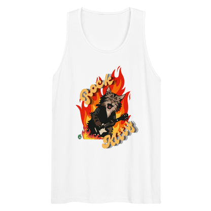 Men's festival graphic tank top in white from Wizard Prints Shop with the slogan, Rock Kitty and image of a kitten playing guitar
