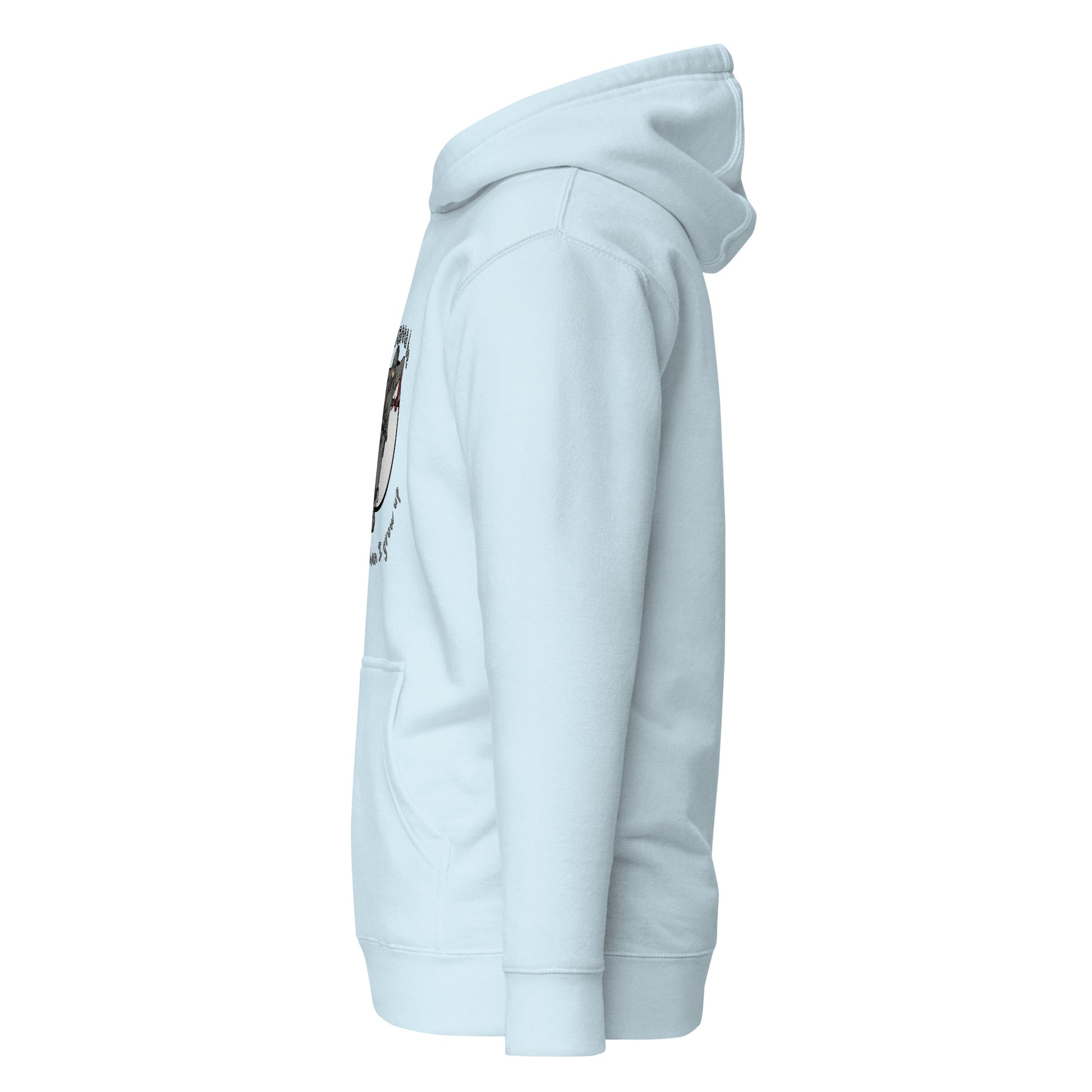 Side view of a men's sky blue hoodie by Wizard Prints Shop