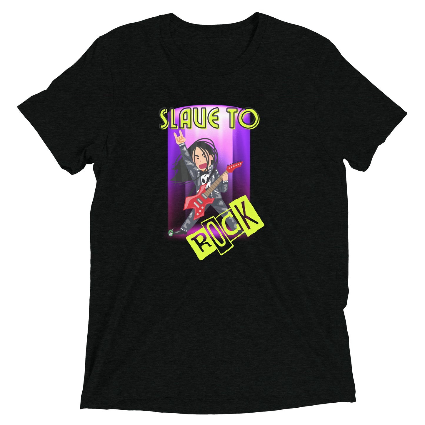 Men's festival graphic t-shirt in black from Wizard Prints Shop with the slogan, Slave to Rock and the image of person playing electric guitar