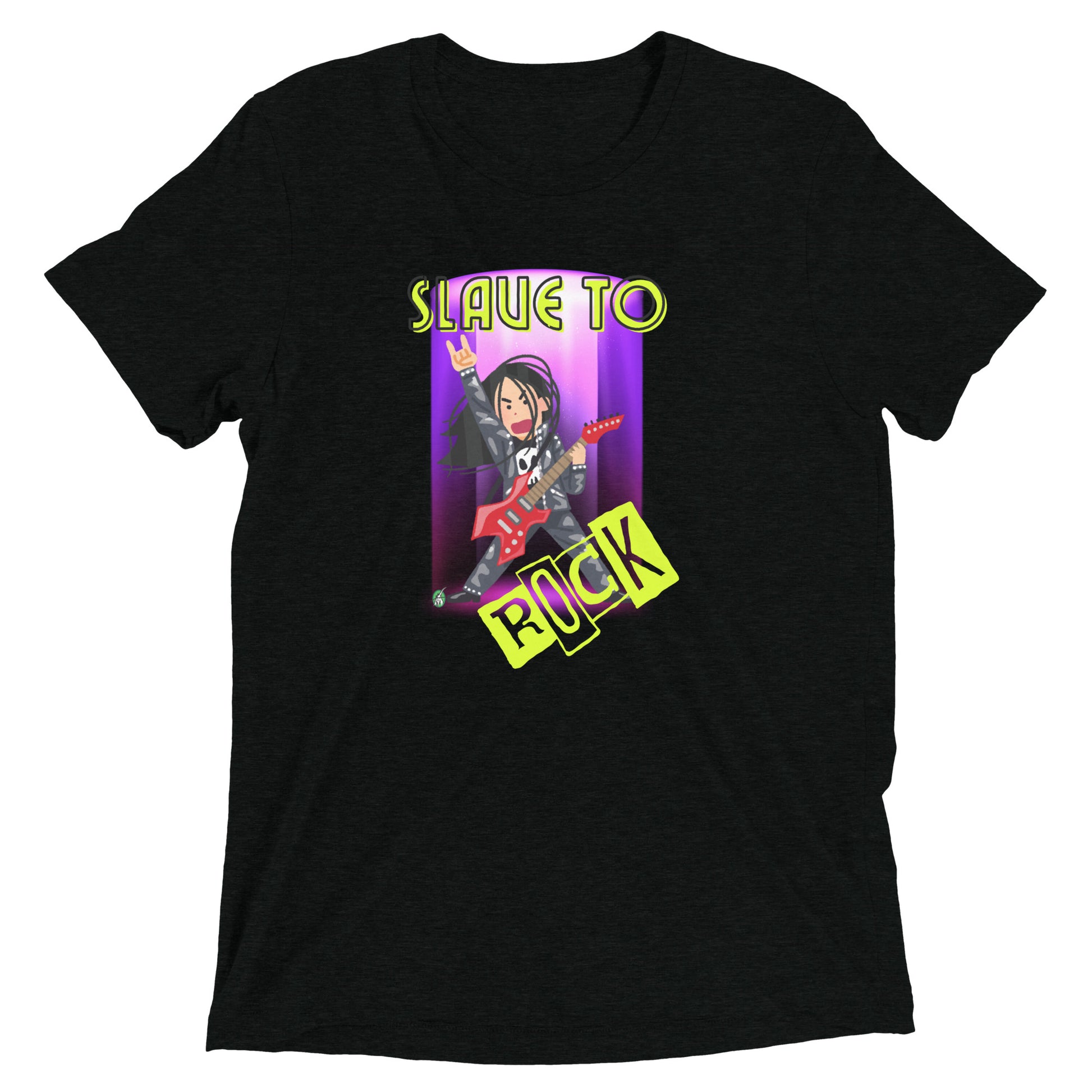 Men's festival graphic t-shirt in black from Wizard Prints Shop with the slogan, Slave to Rock and the image of person playing electric guitar
