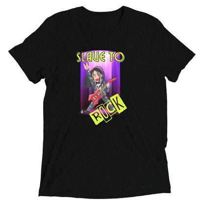 Men's festival graphic t-shirt in black from Wizard Prints Shop with the slogan, Slave to Rock and the image of person playing electric guitar