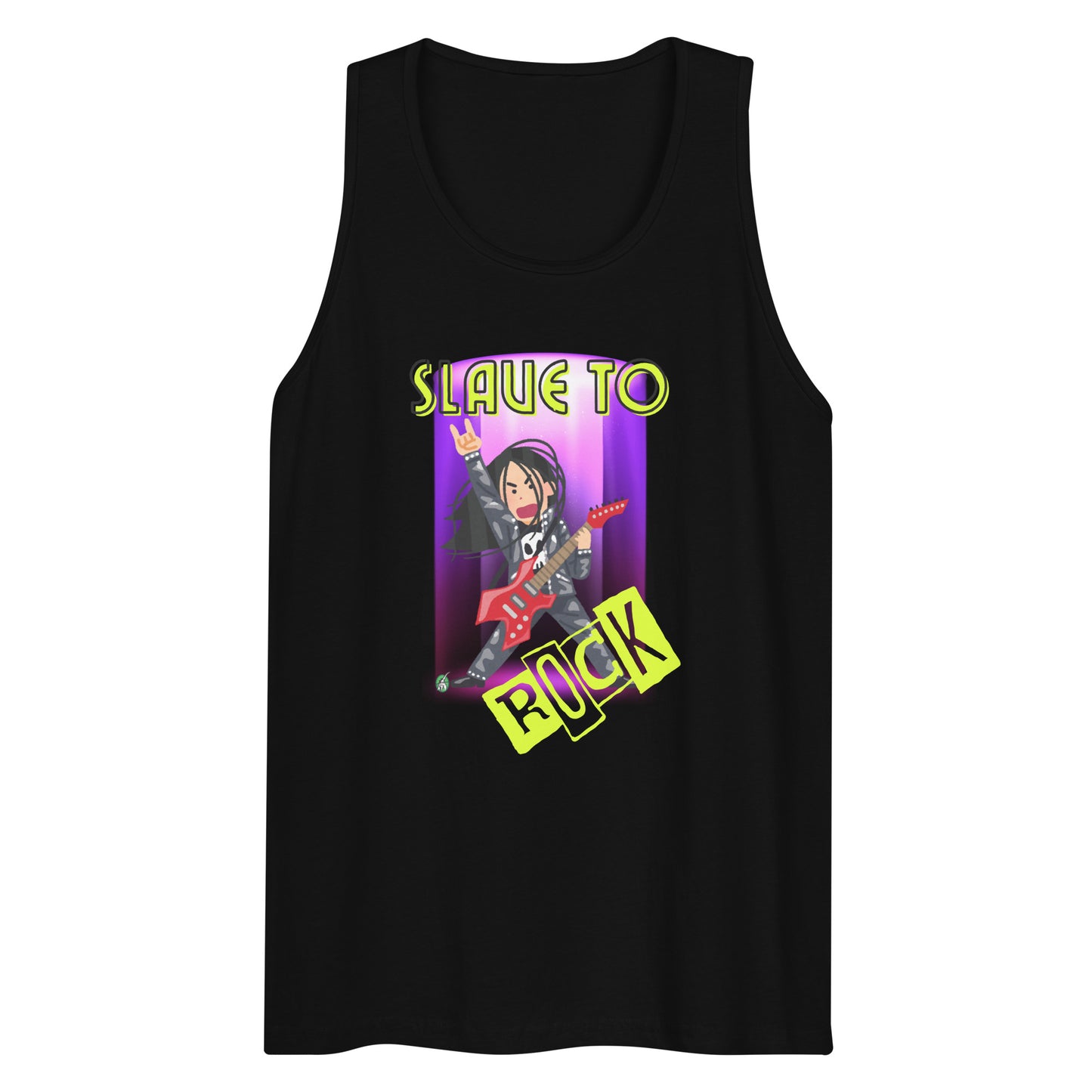 Men's festival graphic tank top in black from Wizard Prints Shop with the slogan, Slave to Rock and the image of person playing electric guitar
