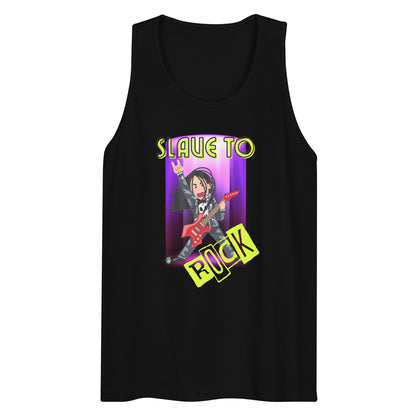Men's festival graphic tank top in black from Wizard Prints Shop with the slogan, Slave to Rock and the image of person playing electric guitar