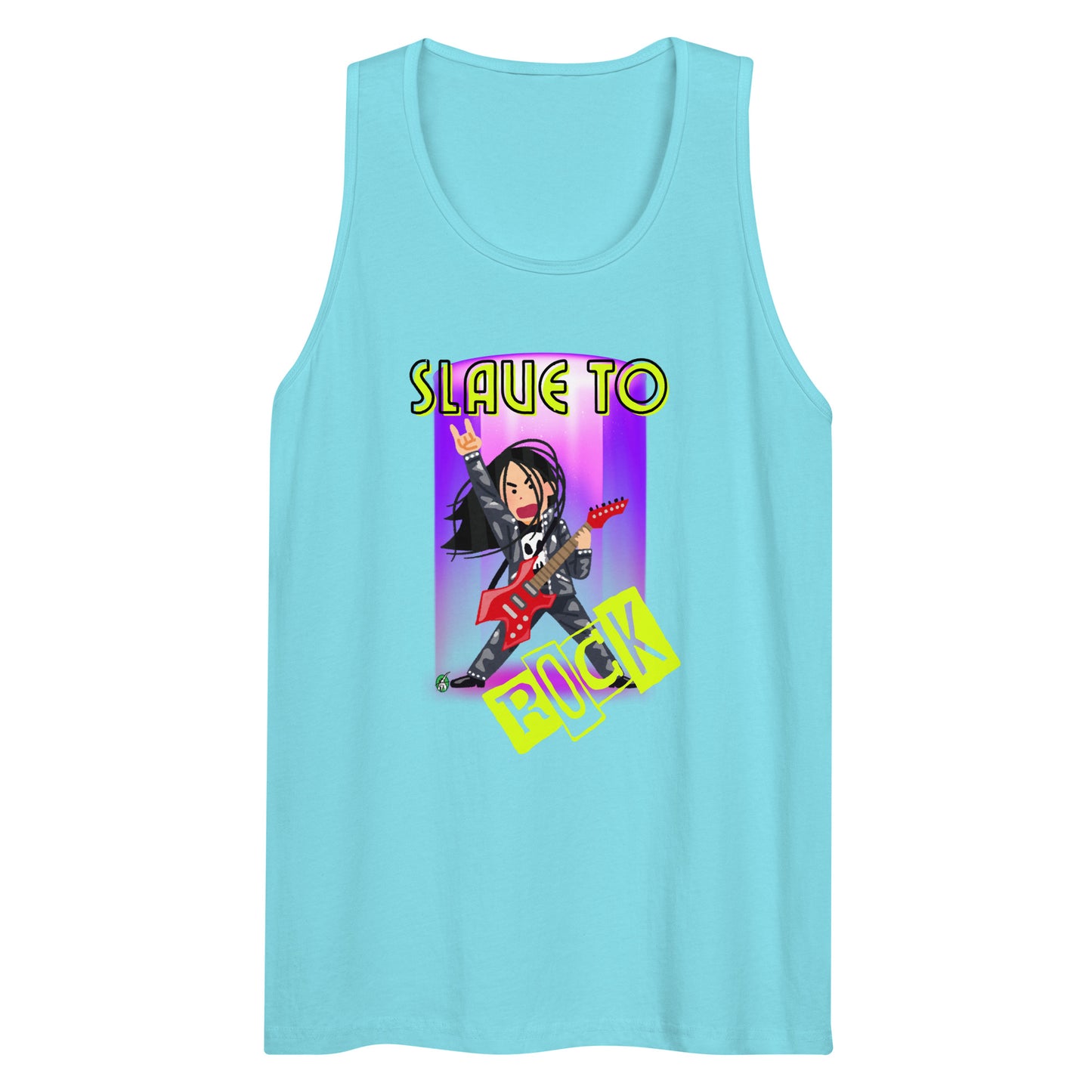 Men's festival graphic tank top in blue from Wizard Prints Shop with the slogan, Slave to Rock and the image of person playing electric guitar