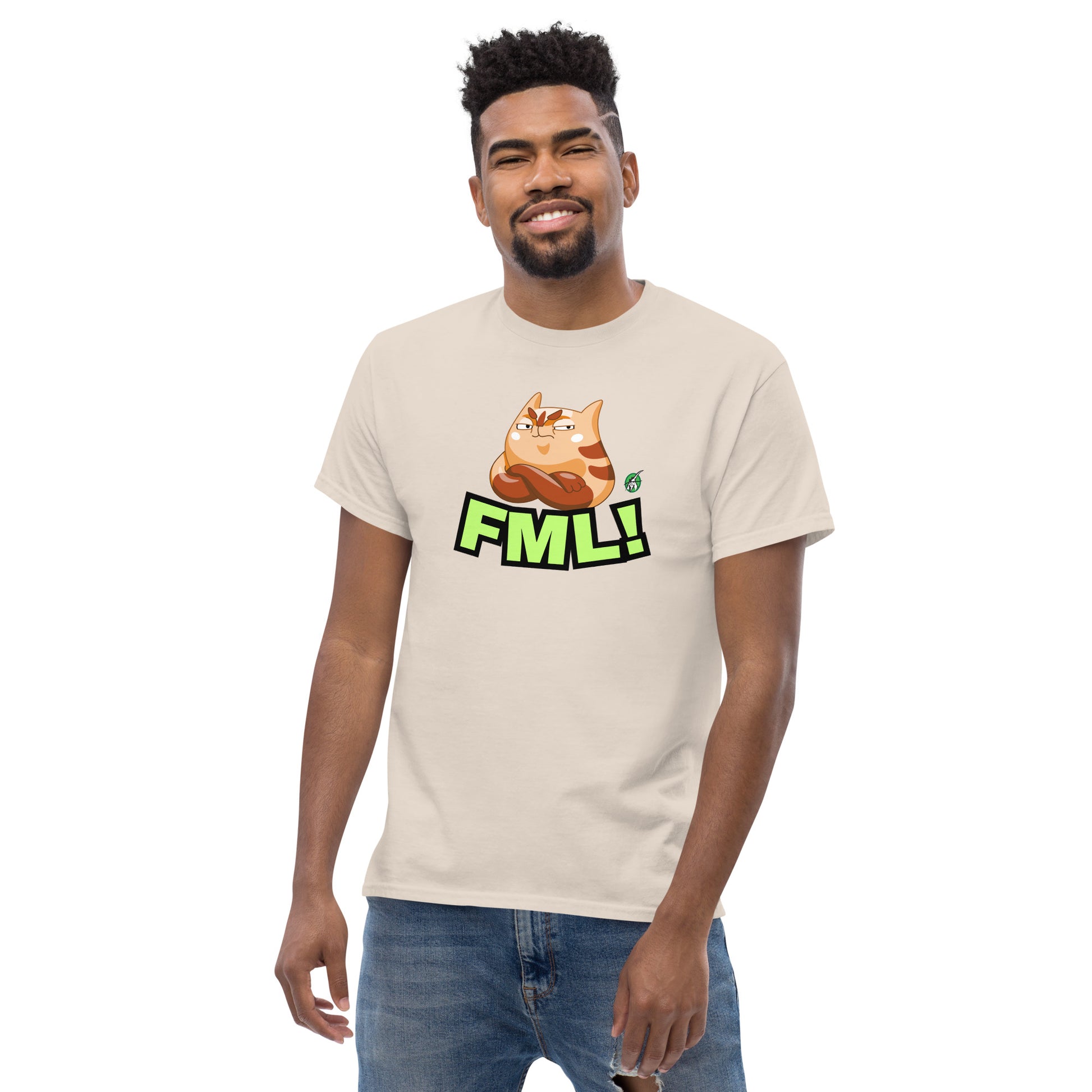 A man standing and wearing a beige t-shirt with a printed graphic of a cat with the words, 'FML!'. Designed by Wizard Prints.