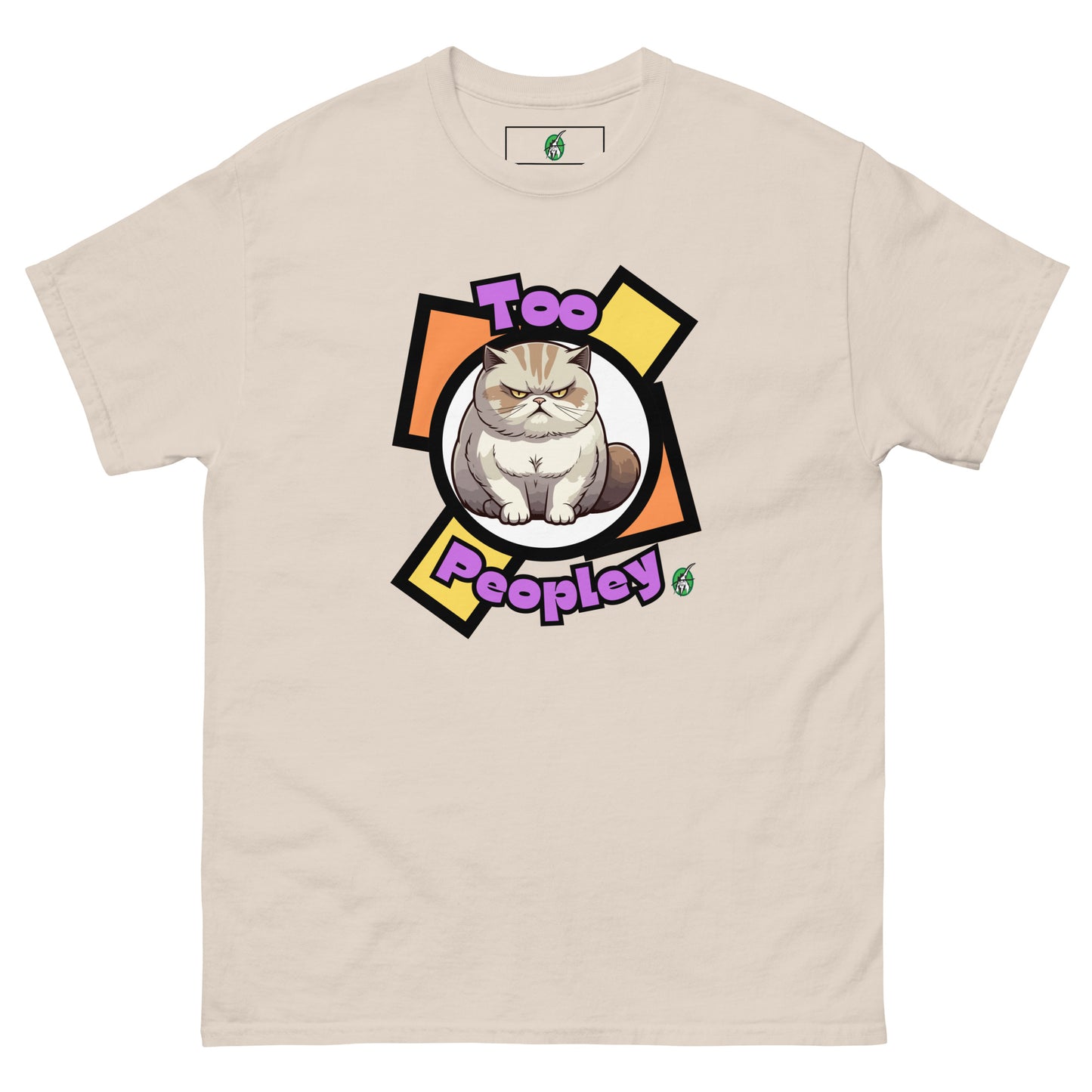 Men's beige t-shirt with a printed graphic of a grumpy cat with the words, 'Too Peopley'. Designed by Wizard Prints.